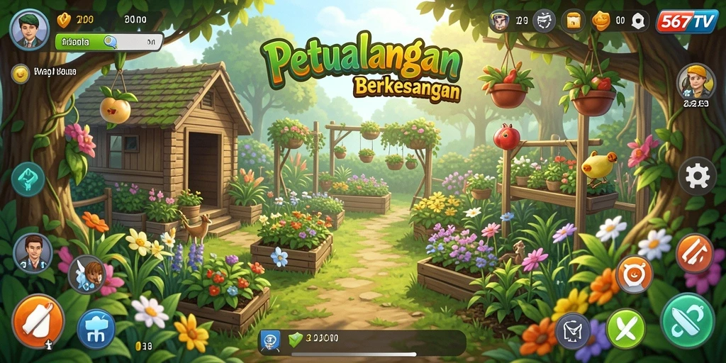 Screenshot gameplay menunjukkan kebun yang subur dan aktivitas bertani.