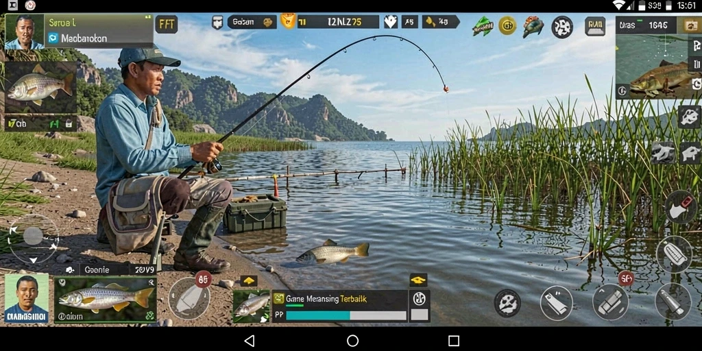 Screenshot utama F7F7 menampilkan momen seru saat memancing.