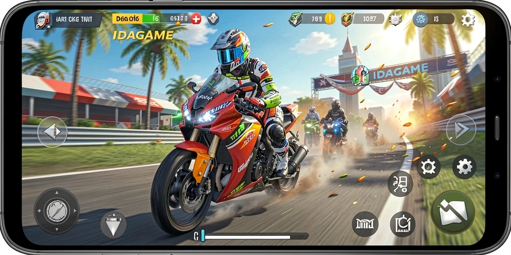 Screenshot gameplay <strong>IDAGAME</strong> yang mendebarkan dalam balapan motor.