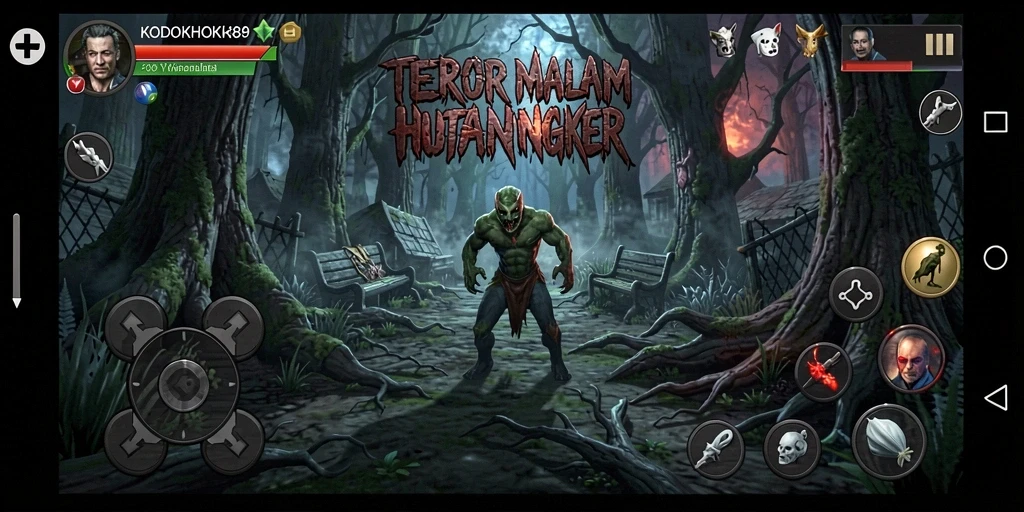 Gameplay menyeramkan KODOKHOKI889 di hutan yang gelap.