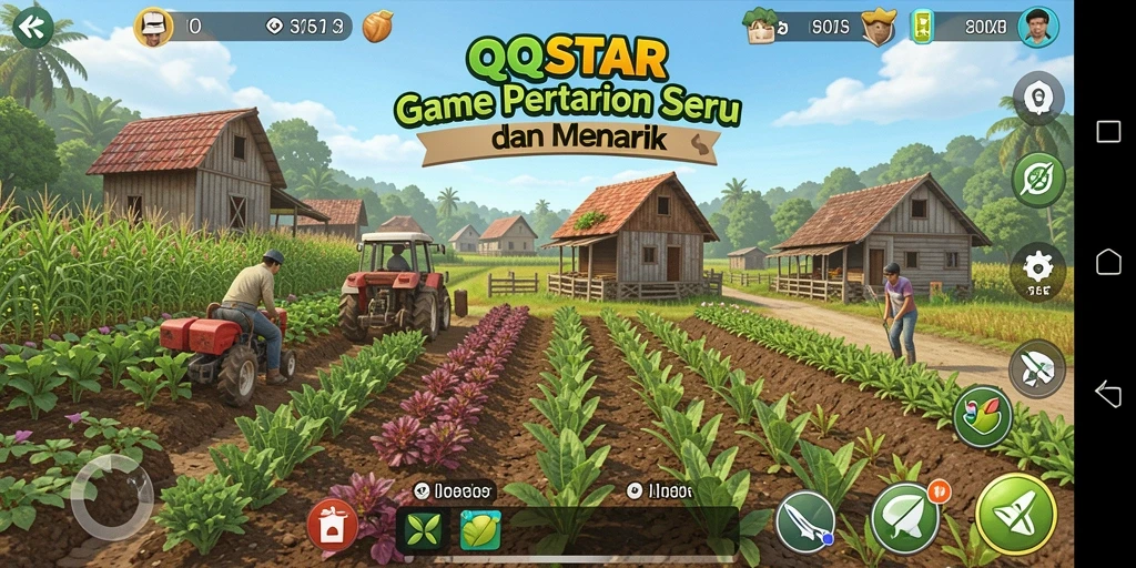 Tampilan gameplay <strong>QQSTAR</strong> dengan aktivitas bertani yang seru.
