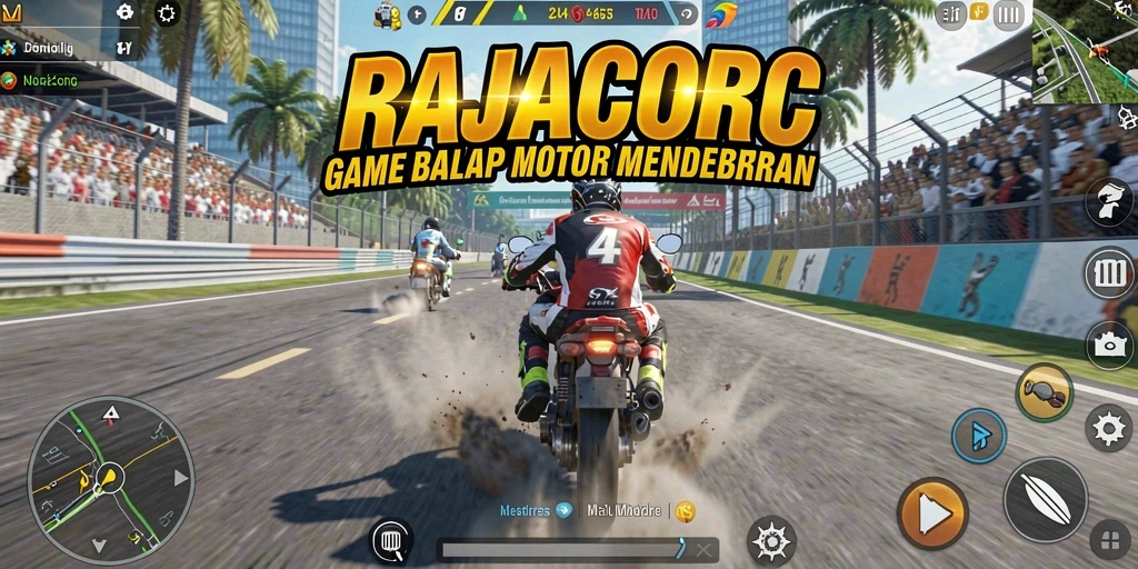 Screenshot gameplay RAJACORC yang menampilkan aksi balap motor yang intens.