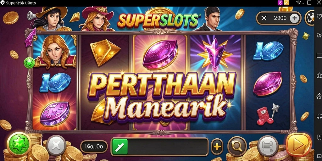 Tampilan gameplay menegangkan dalam SUPERSLOTS dengan pertahanan tower yang sedang beraksi.