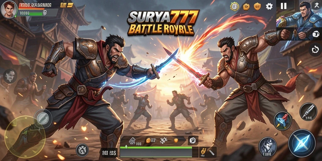 Tampilan gameplay mendebarkan dalam SURYA777 saat bertarung di arena Battle Royale.