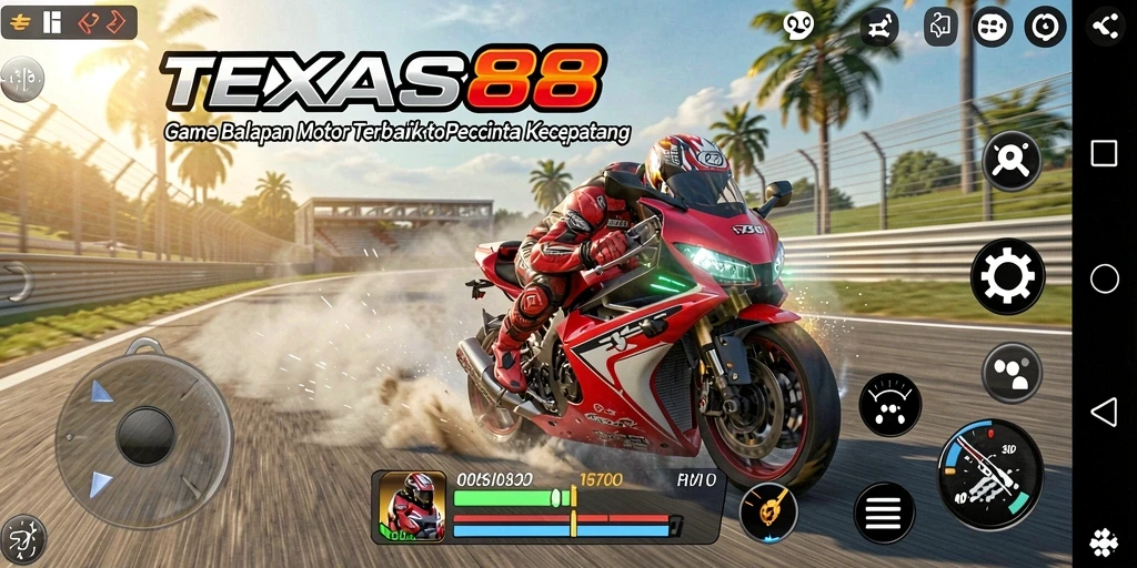 Tampilan gameplay mendebarkan dari TEXAS88 saat balapan motor.